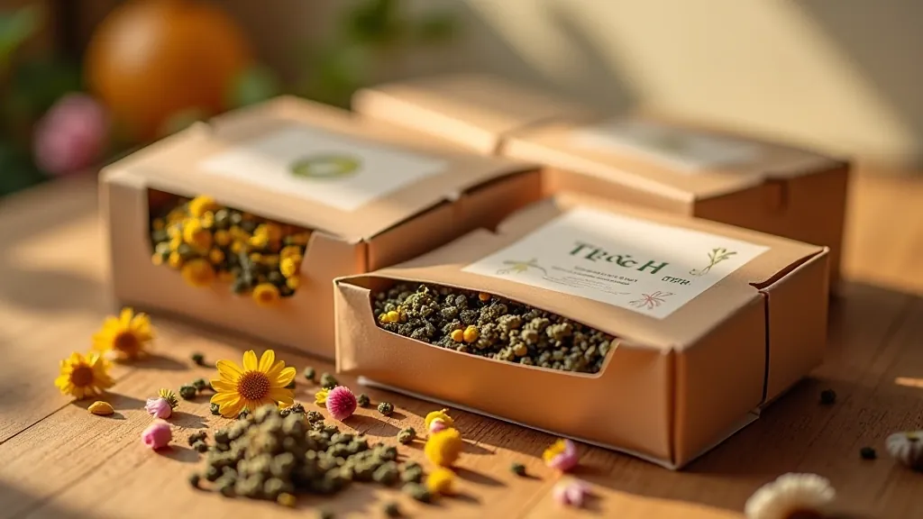 Detailní pohled na prémiové bylinné čaje v luxusním balení s bylinkamí a květy