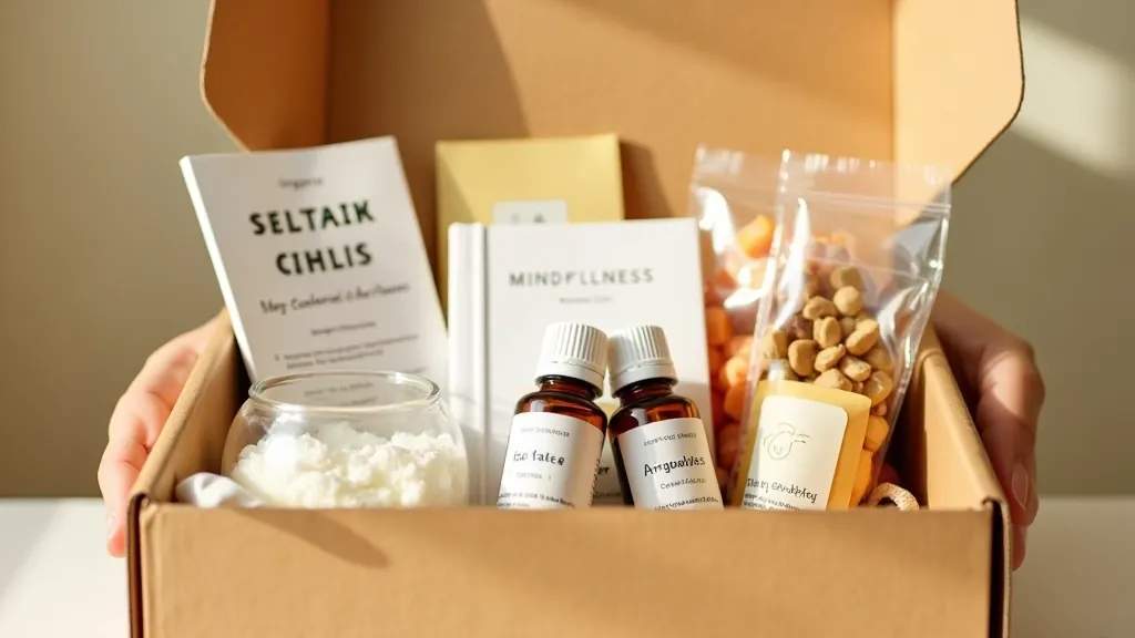 Wellness balíček obsahující bylinné čaje, aromaterapeutické oleje a mindfulness materiály v elegantu balení