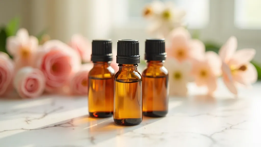 Esenciální aromaterapeutické oleje v skleněných lahvičkách s přírodním pozadím