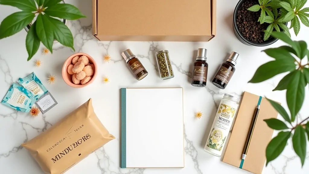 Kurátor wellness balíčku obsahující bylinný čaj, aromatické oleje a deník vědomí