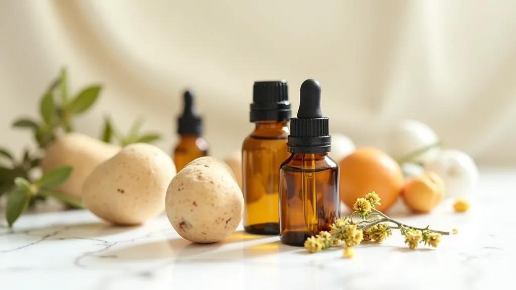 Aromaterapeutické oleje v designových lahvičkách s bylinkami a léčivými rostlinami
