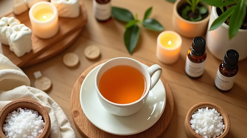 Relaxační wellness setup s aromaterapeutickými oleji, svíčkami a bylinkovým čajem