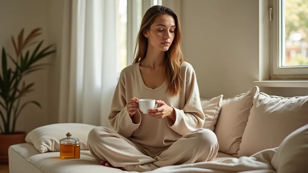 Žena relaxující s bylinnými čaji a wellness produkty v domácím prostředí